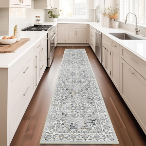 VIKAMA Vintage Gray Floral Kitchen Runner Mat Non Slip Stain Resistant Washable Soft Floor Rug for Hallway Home Decor