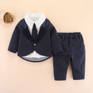 3PCS Boy Striped Suit Set 2025 British Fashion Children Dress Show Wedding Pageboy Formal Blazer For Boy