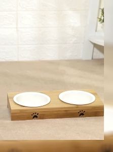 LK154 ชามสเเตนเลสใส่อาหารสองหลุมแท่นไม้ 2E3-2