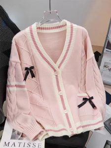 สุภาพสตรี หลวม ถัก คาร์ดิเกน เสื้อสเวตเตอร์ มีปมผีเสื้อ ฤดูใบไม้ร่วง ฤดูหนาว ใหม่ 2024 สไตล์ขี้เกียจ ดีไซน์ สไตล์ญี่ปุ่นต่อต้านวัย