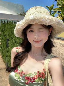 Summer Lace Straw Hat Woven Hollow out Vacation Beach Womens Hat Sun Protection Large Brim round Top Cap Casual Style