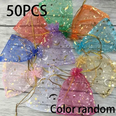 10/50Pcs Moon & Stars Drawstring Organza Bags Gold Star Jewelry Gift Pouches for Christmas & Wedding