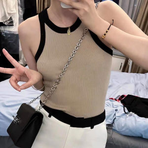 French Style Womens Sling Vest Summer Strapless Sports Bra with Chest Pad Color Block Design Large Size Neck Tie Top