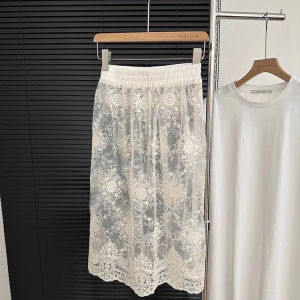 กระโปรงยาวปานกลางผ้าตาข่ายลูกไม้โปร่งรัดรูปสไตล์วินเทจ แขนสั้น กระโปรงทรงเอ เสื้อผ้าทำงานฤดูร้อนสำหรับผู้หญิง อายุ 18-24 ปี