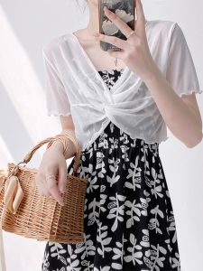 Korean Style Slim Fit Short Sleeve V Neck Mesh Light Weight Womens Summer Cardigan Overalls with Shawl Casual Chic Top