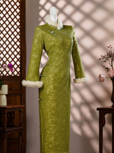 Green Chinese Style Long Sleeve Warm New Fashion Qipao Slimming