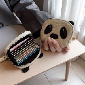 Cute Panda Genuine Leather Card Holder Soft Top Layer Cowhide Accordion Multi-Function Coin Purse Small Bag for Youth