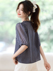 Anti-Aging Pleated Wood Ear Color Woven Square Grid Mulberry Silk Loose Slimming Short Sleeve Shirt Women Casual Style Summer T-shirt