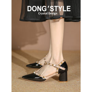 Leather Pointed Toe Single Shoes Womens Spring 2025 New Style Evening Fairy Skirt Rivet French High Heels Thick Heel Fashionable