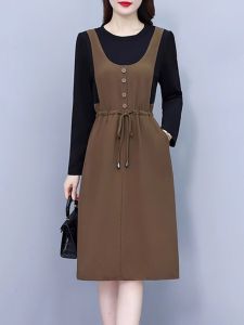 Elegant Mid-Length Womens Dress Slimming Long Sleeves High Waist A-Line Skirt Korean Style Commute Autumn Fashion 2024