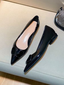 Black Patent Leather Pointed Toe Chunky Heel Work Commute Professional High Heel Shoes Versatile Elegant Office Shoes for Women