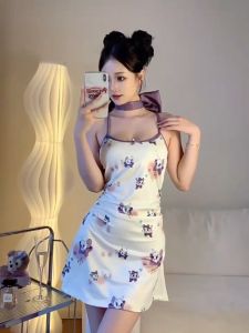 Hormones🌸🌸สุดเซ็กซี่ ชุดนอน ลายแมวสีม่วง ดีไซน์ช่วงเอว ผ้านิ่มเด้ง ส่งจากไทย