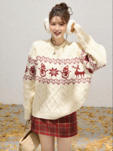 THROUS | Áo Sweater Len Thô Rộng Rãi với Mẫu Hình Giáng Sinh Fair Isle