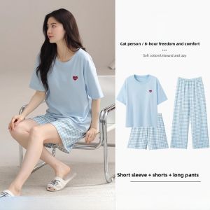 MiiOW | Pure Cotton Summer Sleepwear Womens Loose Short Sleeve Home Clothes Three-Piece Set Comfortable Breathable Lightweight Set