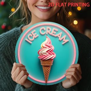 Vintage Ice Cream Parlor Metal Sign - Retro Round Wall Decor for Patio Dining Room Garage Pre-Drilled Holes Easy Install