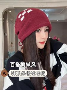 หมวกถักแบบสบายๆสําหรับผู้หญิงที่มีรูปแบบกระดานหมากรุกมาใหม่ฤดูใบไม้ร่วง/ฤดูหนาวที่อบอุ่นขนสัตว์หนาป้องกันสําหรับหูอเนกประสงค์