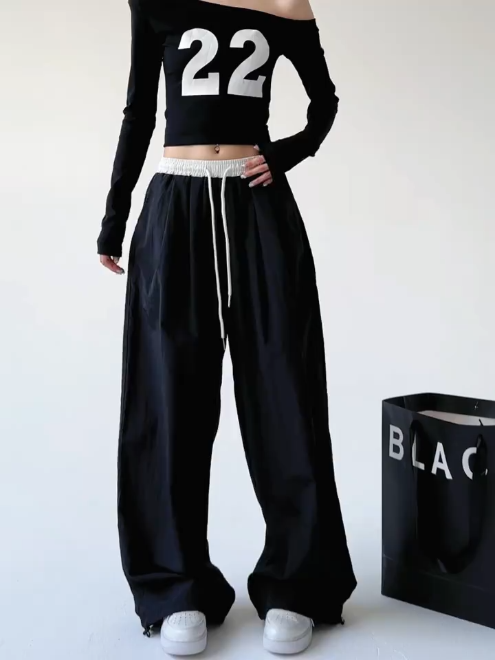 American Baggy Pants For Women Retro Patchwork Jogging Pants Black Wide Leg Curved Knife Sports Pants