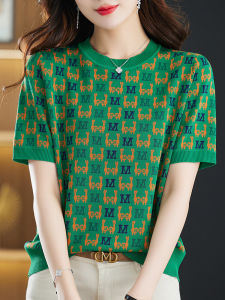 Slimming Ice Silk Short Sleeve T-Shirt Womens Summer New Loose Large Size Fashionable Knitted Sweater Silk Top