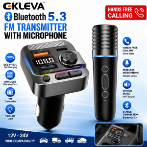 EKLEVA Bluetooth 5.3 Car FM Transmitter Type-C Dual USB Charging Car Audio MP3 Player Hands Free Calling with Karaoke Car Microphones