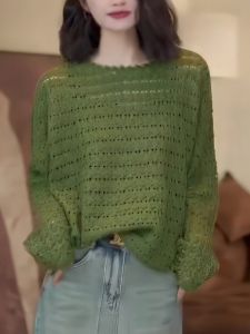 Drunk Lotus 2025 Autumn New Green round Neck Hollow Design Knitwear Women Casual Versatile Lazy Style Top Korean Style Long Sleeve