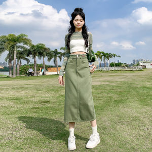 Slimming Mid-Length A-Line Skirt with Slit And Frayed Hem in Military Green Denim for Women Spring Summer Casual High Waist