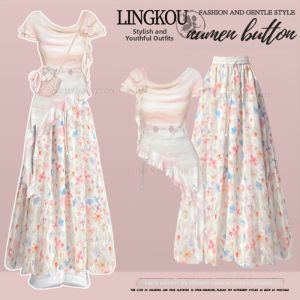 NUMEN BUTTON | Gentle Style Summer Suit French Dye T-shirt High-waist Floral Casual Pants