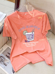 Womens round Neck Short Sleeve T-Shirt Summer Fashion Shoulder Line Top Korean Style Printed Casual Loose Fit Polyester Blend