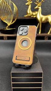 szhaiyu | Luxury Plated Magnetic Leather Case With Folding Kickstand For iPhone 18 Pro Max 17 16 15 14 13 Pro Plus Slim Metal Holder Cover