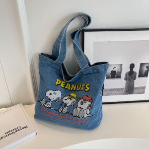 Snoopy Denim Canvas Tote Bag Womens 2024 New Embroidery Cartoon Single Shoulder Bag Large Capacity Commuting Bag Tote Bag