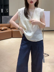 Shalldoer | Slimming High Waist Wide Leg Pants Lace Trim Sleeveless Top Two Piece Set Summer Outfit Casual Comfortable Breathable Clothing