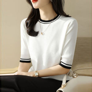 Áo Thun Dệt Kim Lụa Lạnh Tay Giữa Dáng Rộng Mùa Hè Cho Nữ Tay Ngắn Cổ Tròn Màu Khối Thời Trang Thường Ngày Chất Liệu Polyester