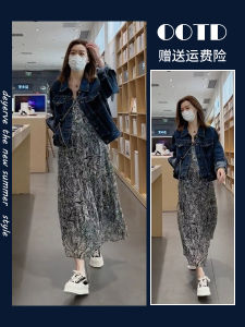 Spring 2025 Womens High-End Floral Print Chiffon Dress Inner Wear U-Neck Long Sleeve A-Line Skirt Elegant Commute Style