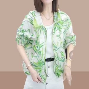 Summer 2025 New Arrival Womens Loose Fit Bamboo Print Hooded Thin Jacket Casual Zipper Loose Sun Protection Clothing