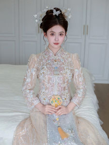 Light Colored Cheongsam Wedding Dress Summer Thin New Style 2025 Champagne Color Chinese Style Bride Large Size Drinking Ceremony Dress