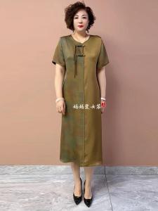 Elegant Silk Splicing Midi Dress Short Sleeve Qipao Style Summer Fashion Middle-Aged Mommy Clothes V Neck Commute Atmosphere