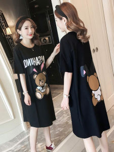 Loose Mid-Length Short-Sleeve T-Shirt Dress Womens Spring Summer Korean Style Cartoon Bear Print Casual Comfortable Dress