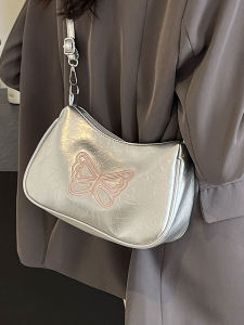 Silver Underarm Bag Womens Crossbody Small Phone Bag Casual Style Single Shoulder Strap Zipper Closure Daily Use PU Leather