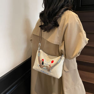 Casual Nylon Fabric Shoulder Bag with Zipper for Commuting Heavy Embroidery Sausage Dog Pattern Womens Crossbody Bag