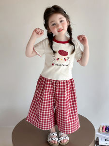 Girls Cartoon Short Sleeve Wide Leg Pants Set Summer New Loose Mosquito Proof Baby Clothes Breathable Cotton Sweet Style School Gift