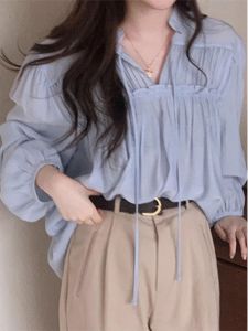 เรียบหรู เสื้อเชิ้ตแขนยาวสีน้ําเงิน รัฟเฟิล ผู้หญิง ฤดูใบไม้ผลิ นิทานวินเทจฝรั่งเศส เสื้อท่อนบน อ่อนโยน เสื้อเชิ้ตตัวเล็กสวย