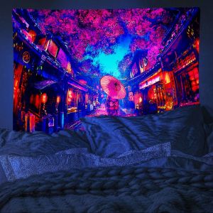 VIKAMA Neon Cherry Blossoms Kimono Womens Japanese Street Oil Painting Tapestry Wall Art for Bedroom Living Room Decoration