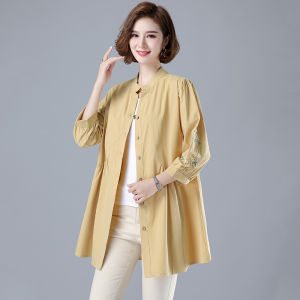 Spring and Autumn Clothing Artsy Loose Embroidery Three-Quarter Sleeve Cotton Linen Shirt Fashion Solid Color Large Size Linen Shirt Top for Women