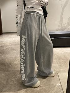 American Style Wide Leg Sweatpants Womens Loose Drapey Straight Casual Pants Letter Print High Waist Elasticless Non-Stretch