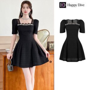Happy Diva เดรสผู้หญิง เดรสสีดำ เดรสทรงเอ เดรสคอเหลี่ยม เดรสทำงาน เดรสไฮโซ เดรสวินเทจ เดรสออกงาน เดรสปาร์ตี้ ชุดราตรี 21212