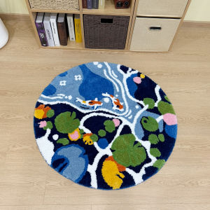 Coloful Lotus Pond Round Handmade Tufted Rug for Living Room Psychedelic Bedroom Retro Carpet Plush Circle Abstract Art Area Rug