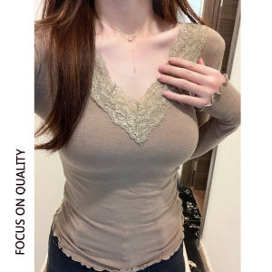 LUOFEN | Low V-Neck Tight Long Sleeve T-Shirt for Women Autumn Winter