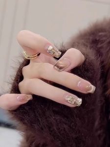 Handmade Nail Tips French Vintage Style Glittering Cats Eye Design Premium Quality Fake Nails New Year Collection