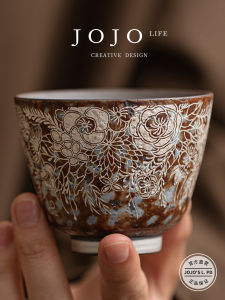 JOJOS Vintage Silver-Plated Clay Tea Cup Handmade High Temperature Ceramic Floral Incense Cup Rustic Chinese Style Tea Set