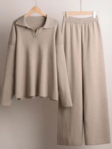 New Autumn Winter Thick 2 Piece Sets Womens Outfits Knitted Suits Soft Female Polo Neck Sweater Wide Leg Pants Outfit Pullover