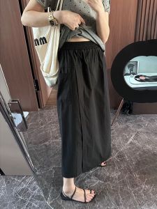 Tooling Style Elastic Waistband Slimming Black Skirt Womens 2024 Spring & Fall Stylish Mid Length Long Length Casual Culottes Skirt